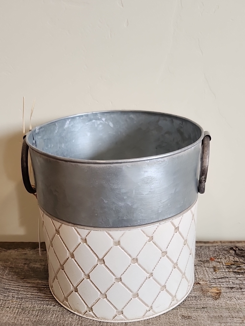 Metal and White Patterned Decorative Storage Bucket